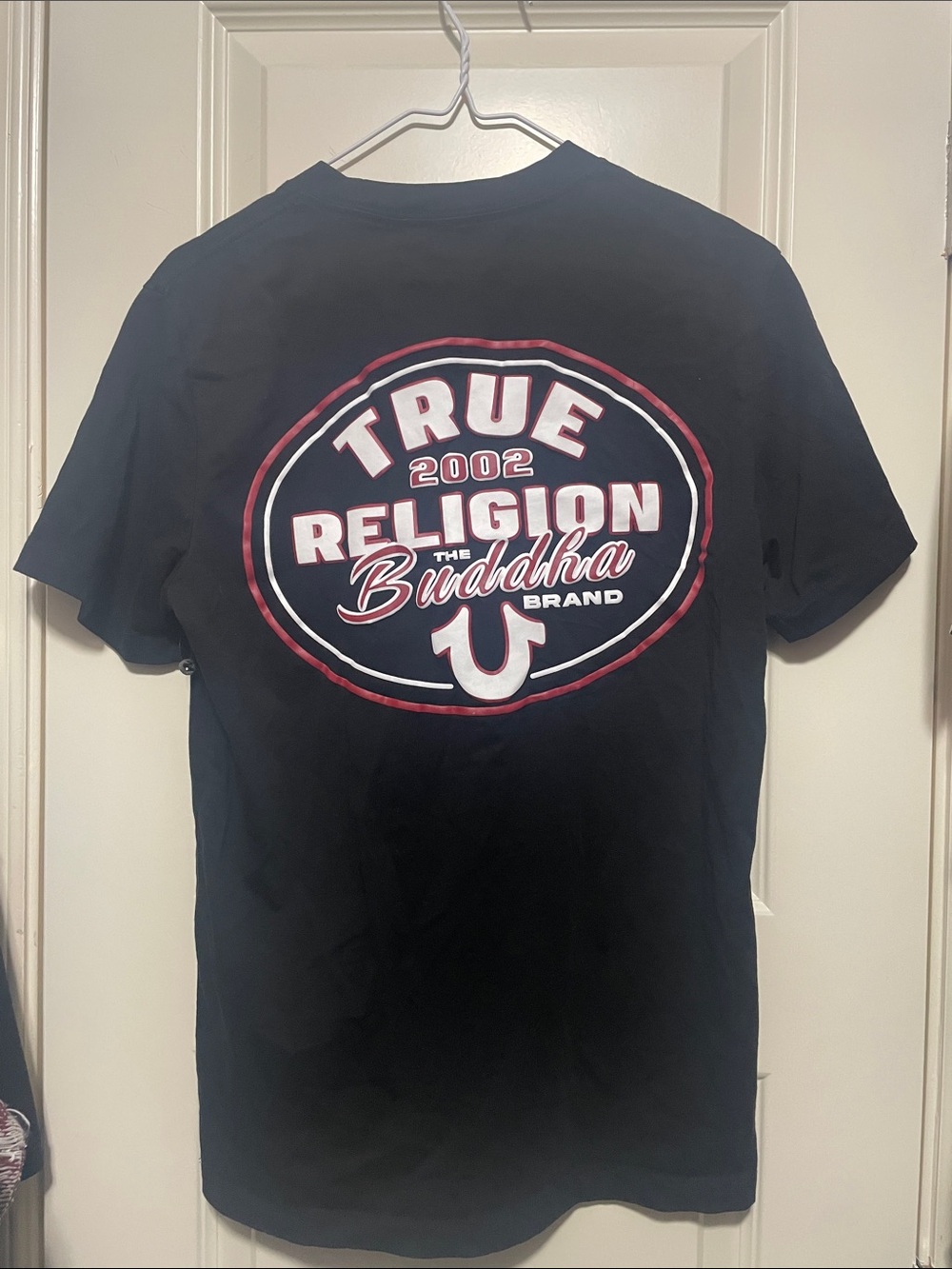 True Religion Black Short-Sleeve Logo Tee with Red and White Accents